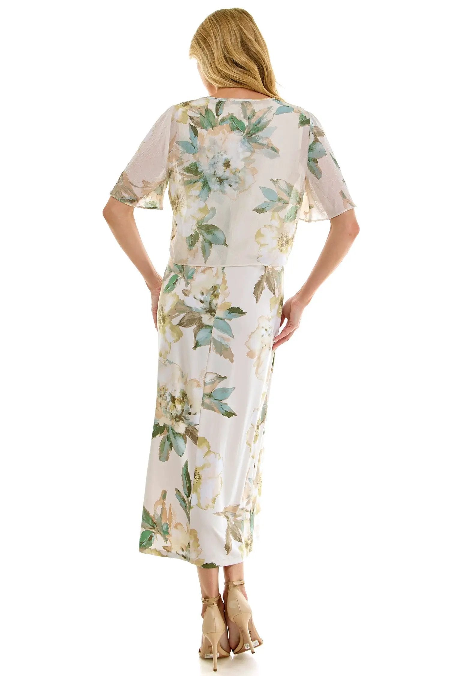 Vestido Midi Estampado de 2 Piezas con Bolero de Tul Transparente by Winslow Collection