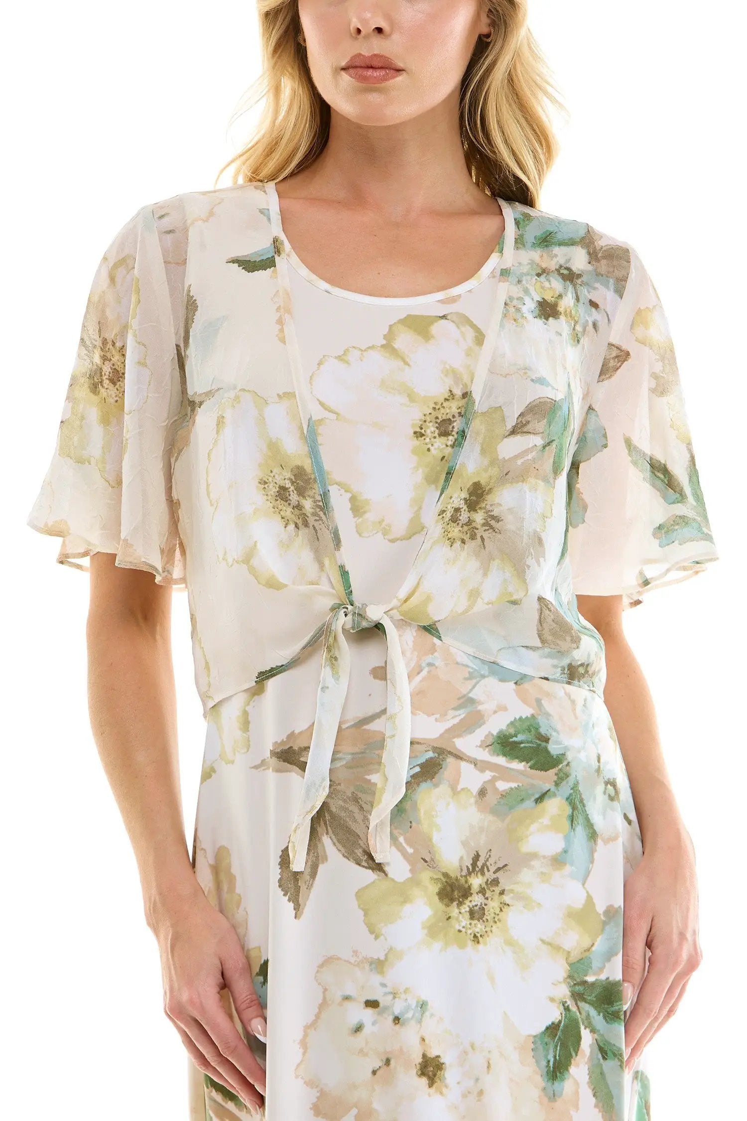 Vestido Midi Estampado de 2 Piezas con Bolero de Tul Transparente by Winslow Collection
