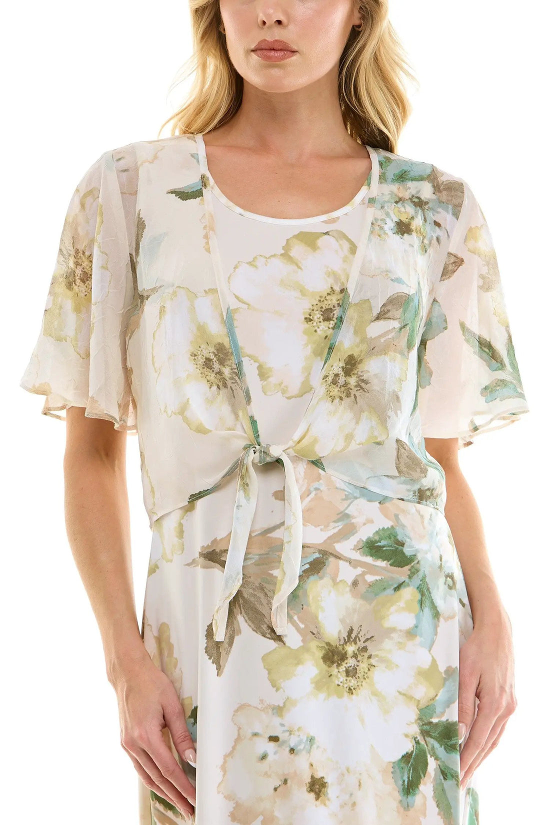 Vestido Midi Estampado de 2 Piezas con Bolero de Tul Transparente by Winslow Collection