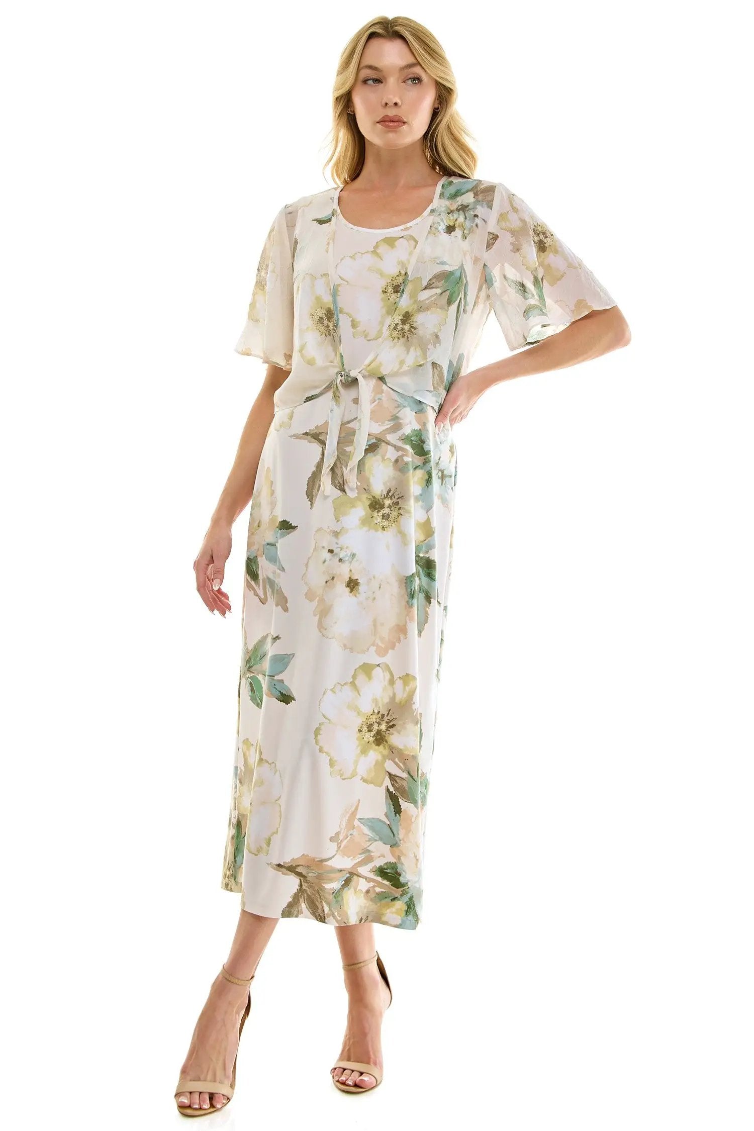 Vestido Midi Estampado de 2 Piezas con Bolero de Tul Transparente by Winslow Collection