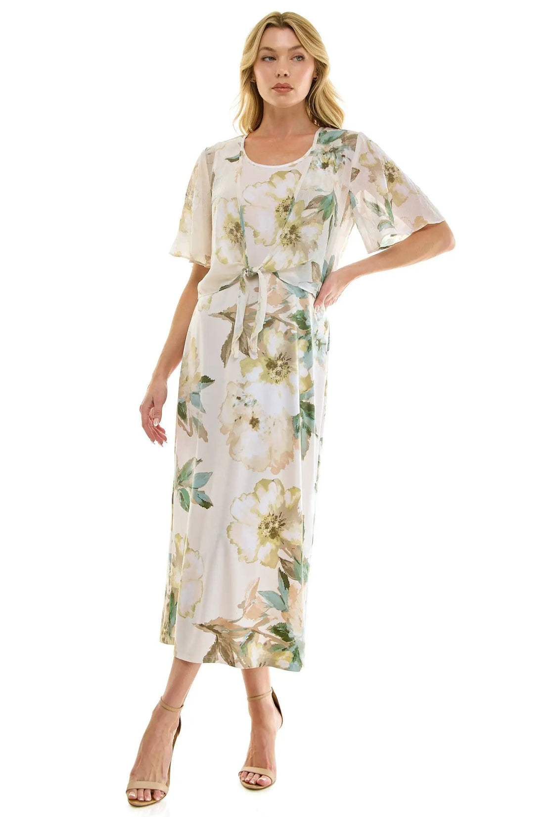 Vestido Midi Estampado de 2 Piezas con Bolero de Tul Transparente by Winslow Collection