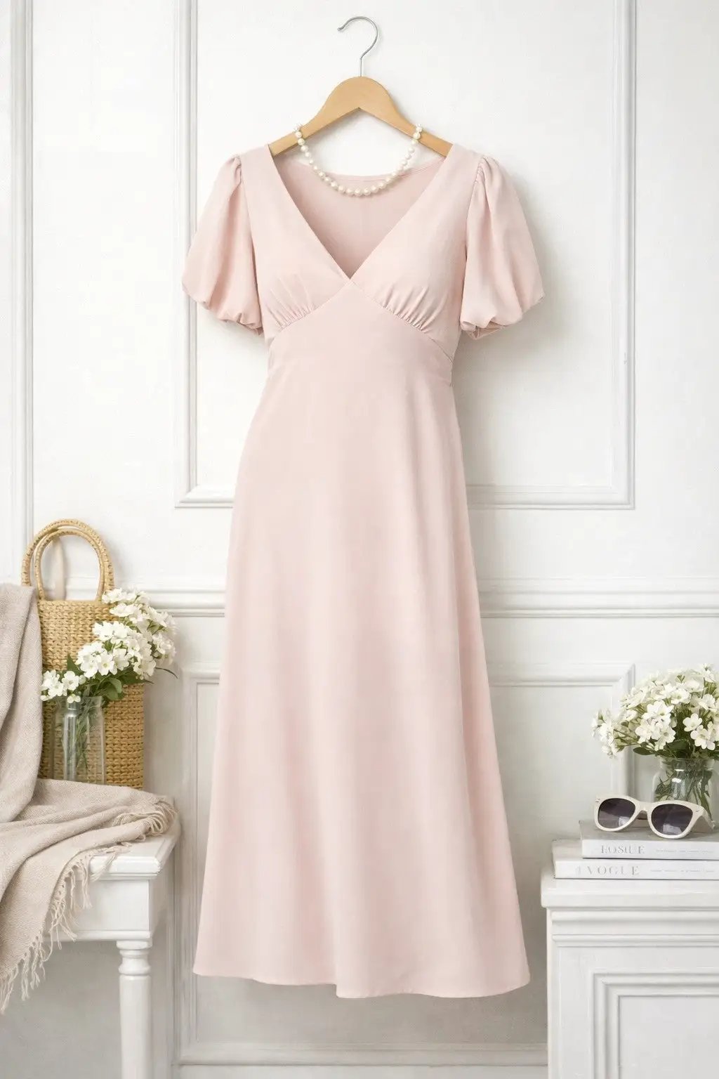 Vestido con Mangas Abullonadas y Escote en V con Lazos en la Espalda by Winslow Collection