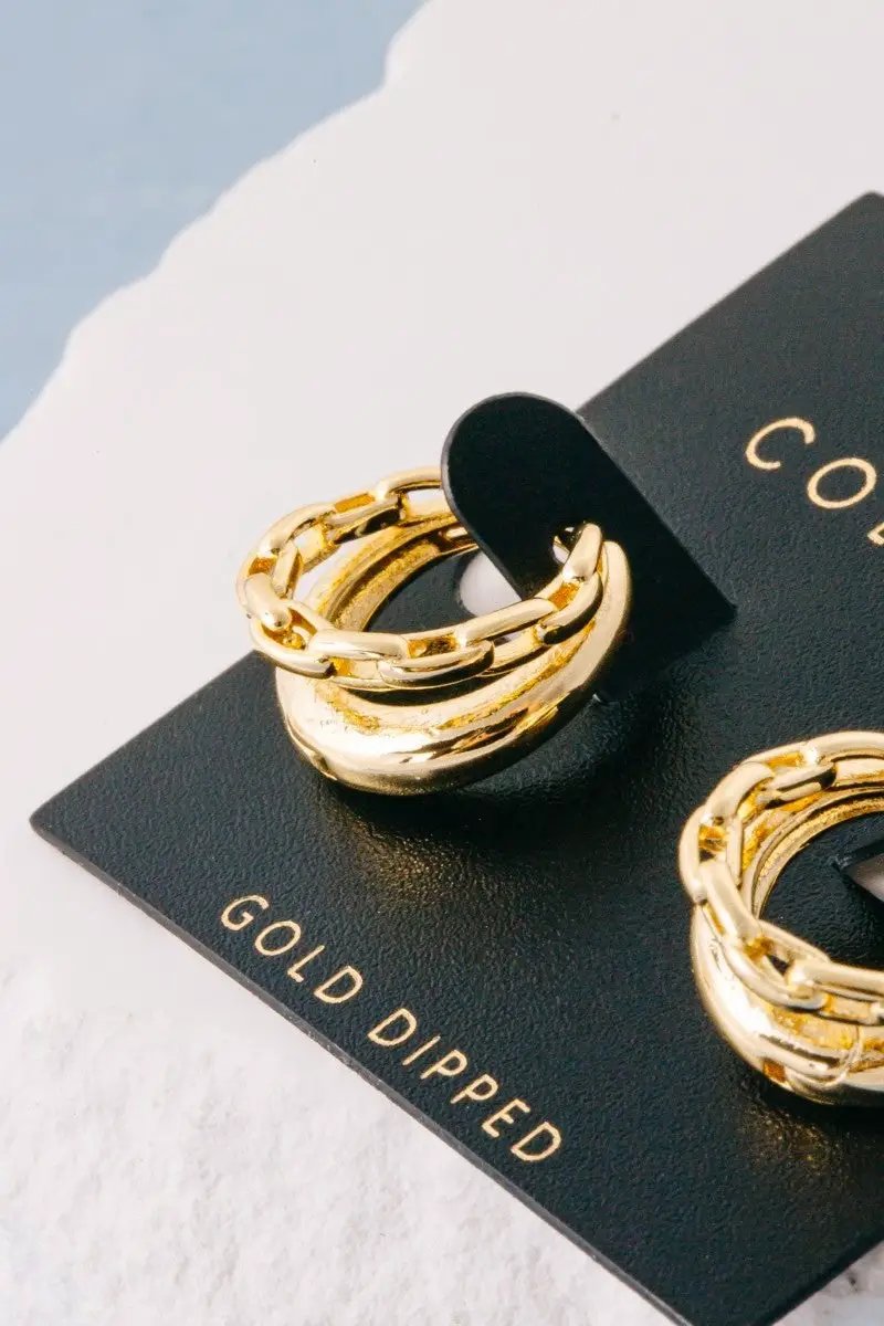 Pendientes de Aro Doble Huggie con Cadena Mixta Bañados en Oro by Fame Accessories