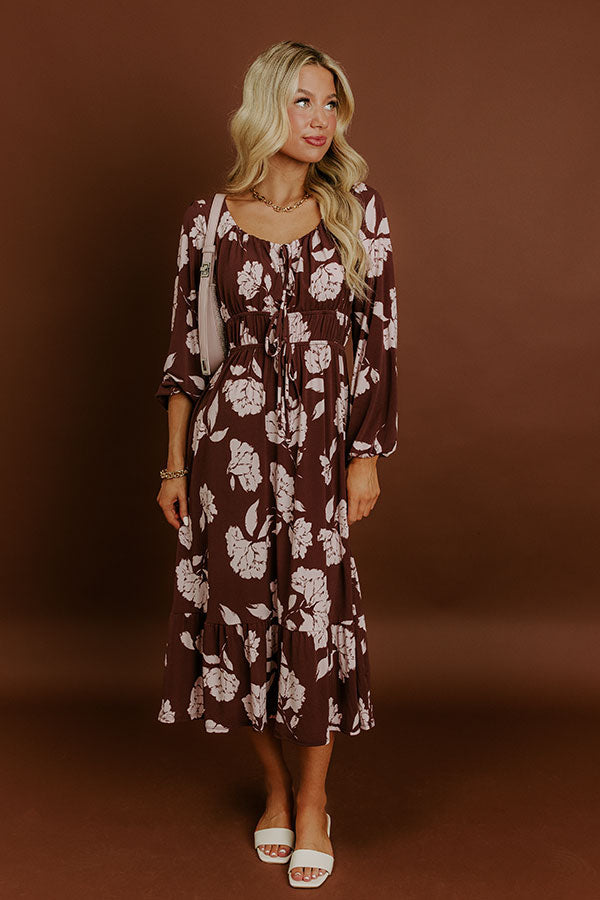 Burgundy Floral Long Sleeve Dress with Tie Detail