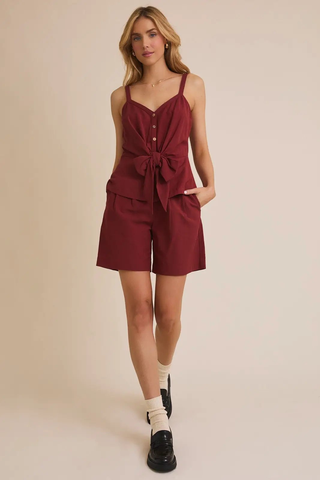 Gilli Red Pleated Bermuda Shorts – Linen Blend Tailored Woven Shorts - Shorts