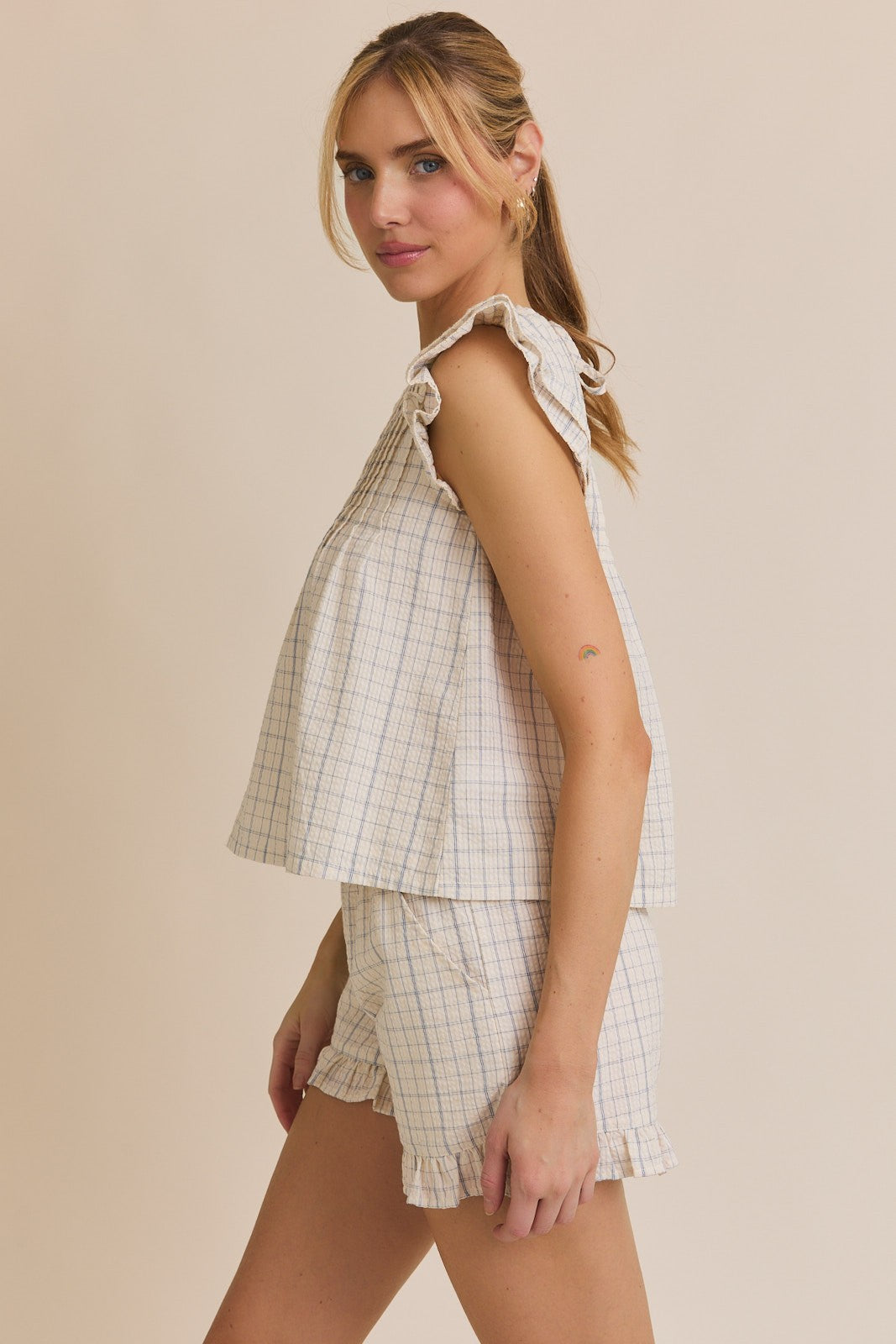 Blusa Babydoll de Algodón con Mangas de Volantes y Estampado de Cuadros