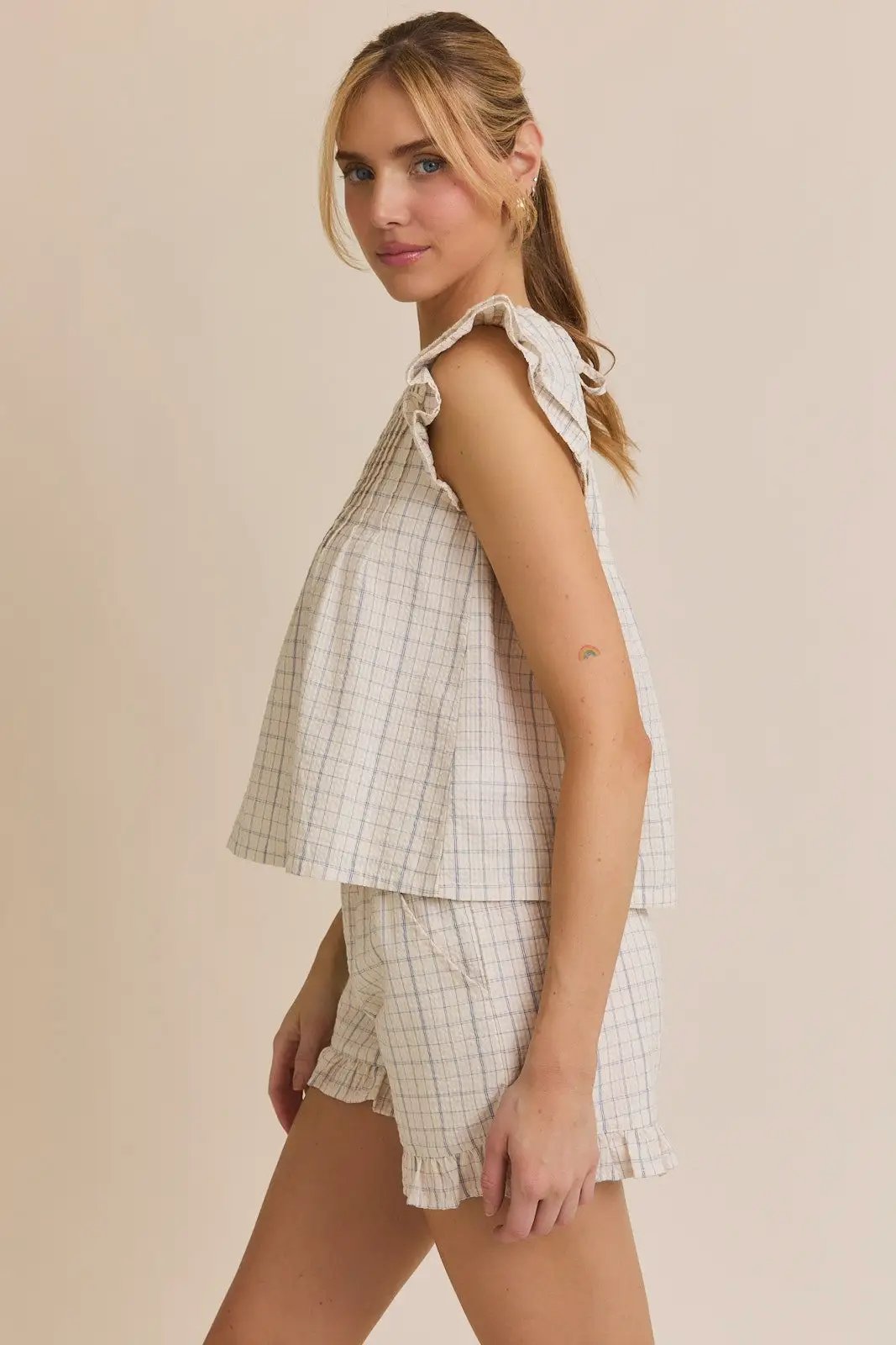 Gilli Ruffle Sleeve Pleated Cotton Top – Woven Check Babydoll Blouse - Short Sets