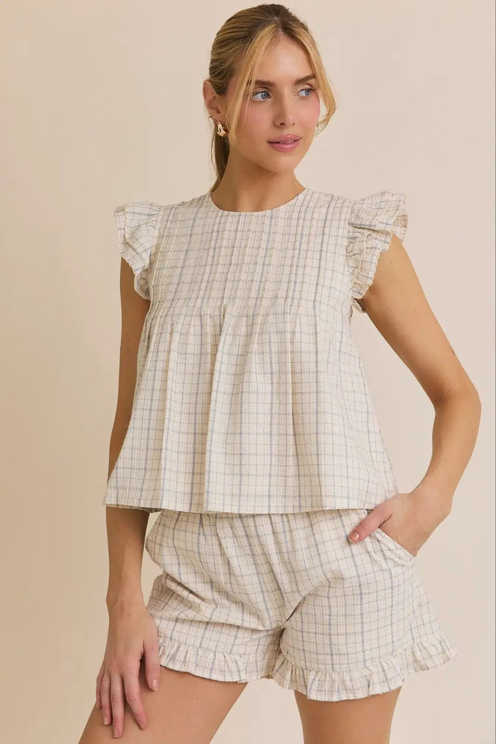Gilli Ruffle Hem Cotton Shorts – Woven Check Pull-On Shorts - Short Sets