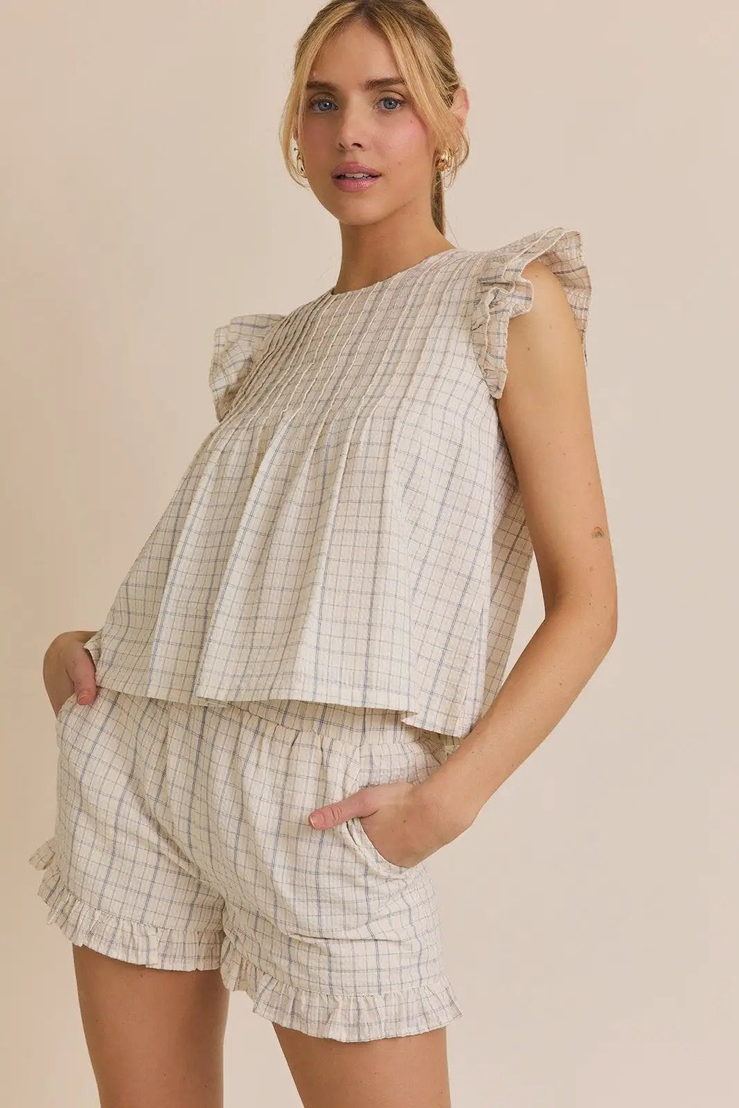 Gilli Ruffle Sleeve Pleated Cotton Top – Woven Check Babydoll Blouse - Short Sets