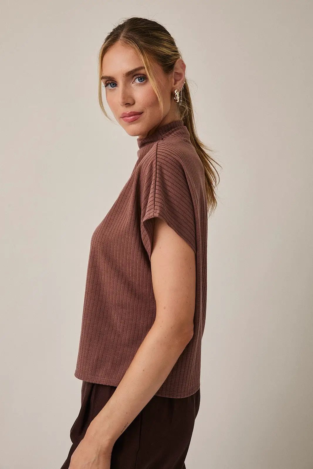 Gilli Brown Mock Neck Short Sleeve Ribbed Top – Soft Stretch Everyday Knit Blouse - Tops