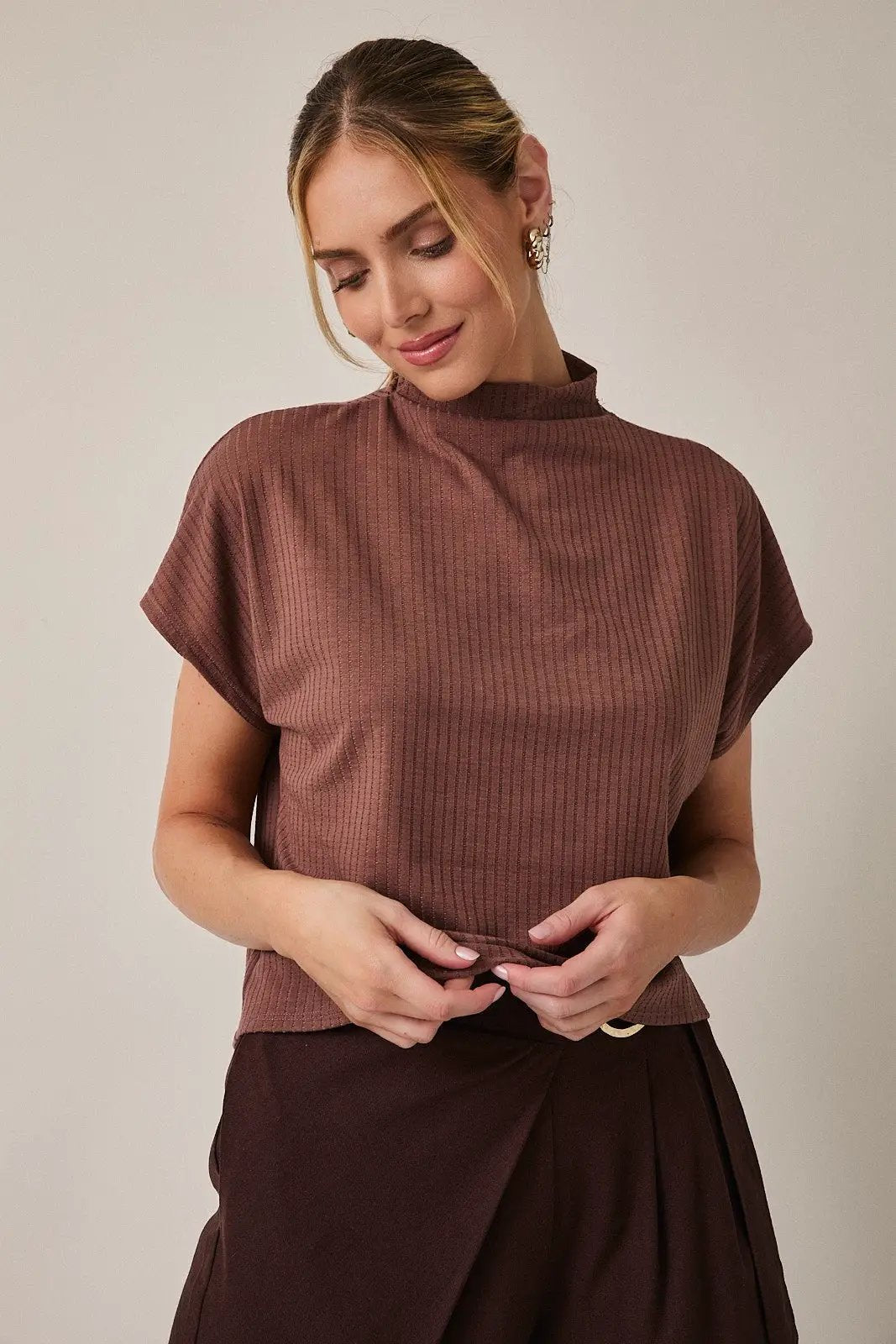 Gilli Brown Mock Neck Short Sleeve Ribbed Top – Soft Stretch Everyday Knit Blouse - Tops