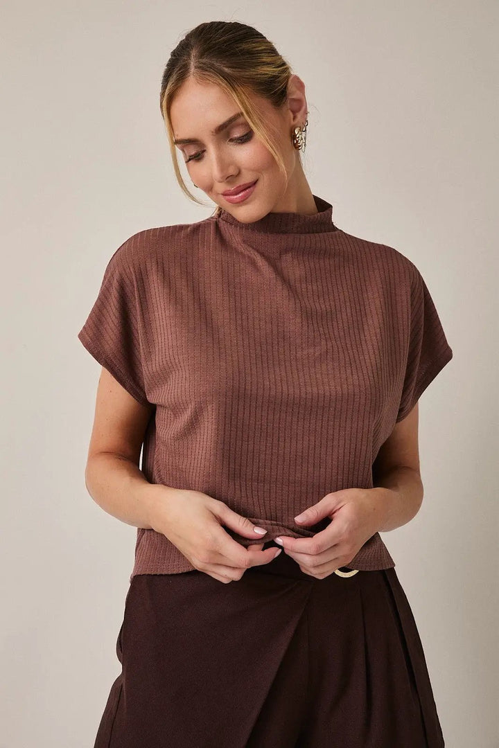 Gilli Brown Mock Neck Short Sleeve Ribbed Top – Soft Stretch Everyday Knit Blouse - Tops