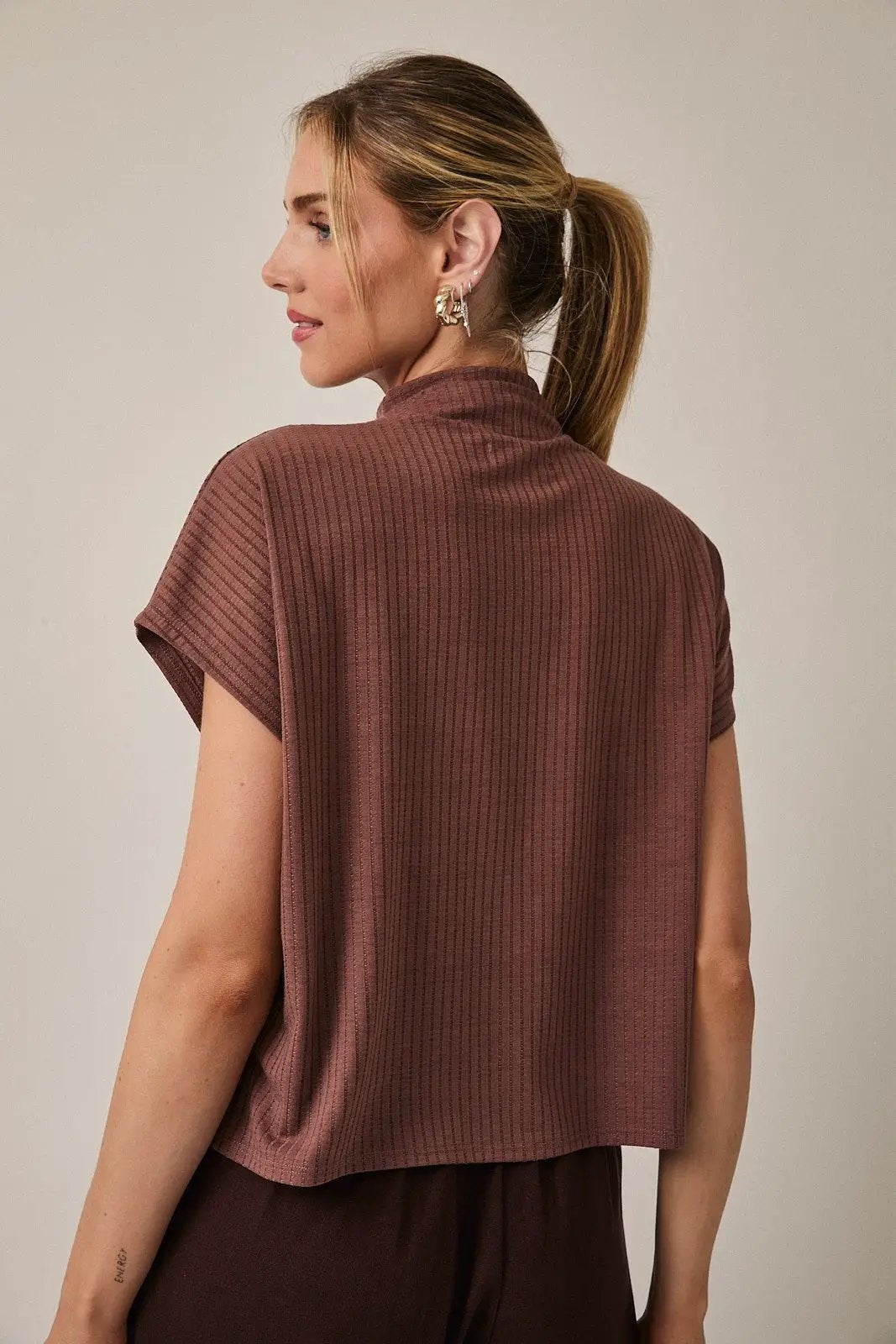 Gilli Brown Mock Neck Short Sleeve Ribbed Top – Soft Stretch Everyday Knit Blouse - Tops