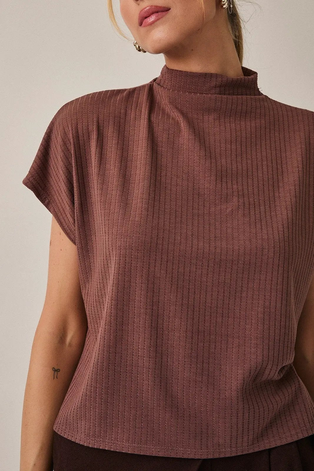 Gilli Brown Mock Neck Short Sleeve Ribbed Top – Soft Stretch Everyday Knit Blouse - Tops