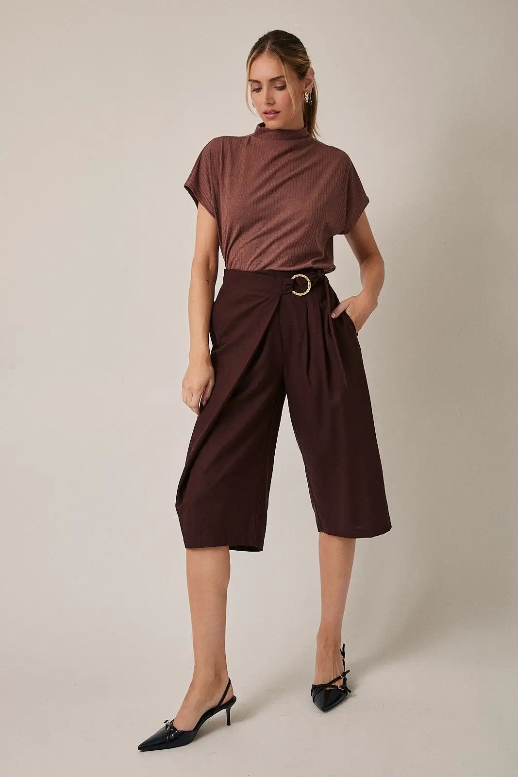 Gilli Brown Mock Neck Short Sleeve Ribbed Top – Soft Stretch Everyday Knit Blouse - Tops