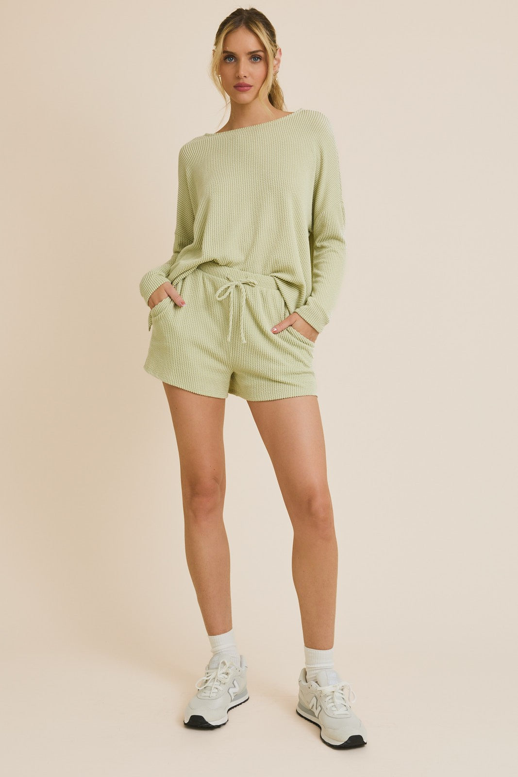 Suéter de Punto con Cuello Redondo y Manga Larga Verde – Blusa Holgada y Suave de Estilo Waffle