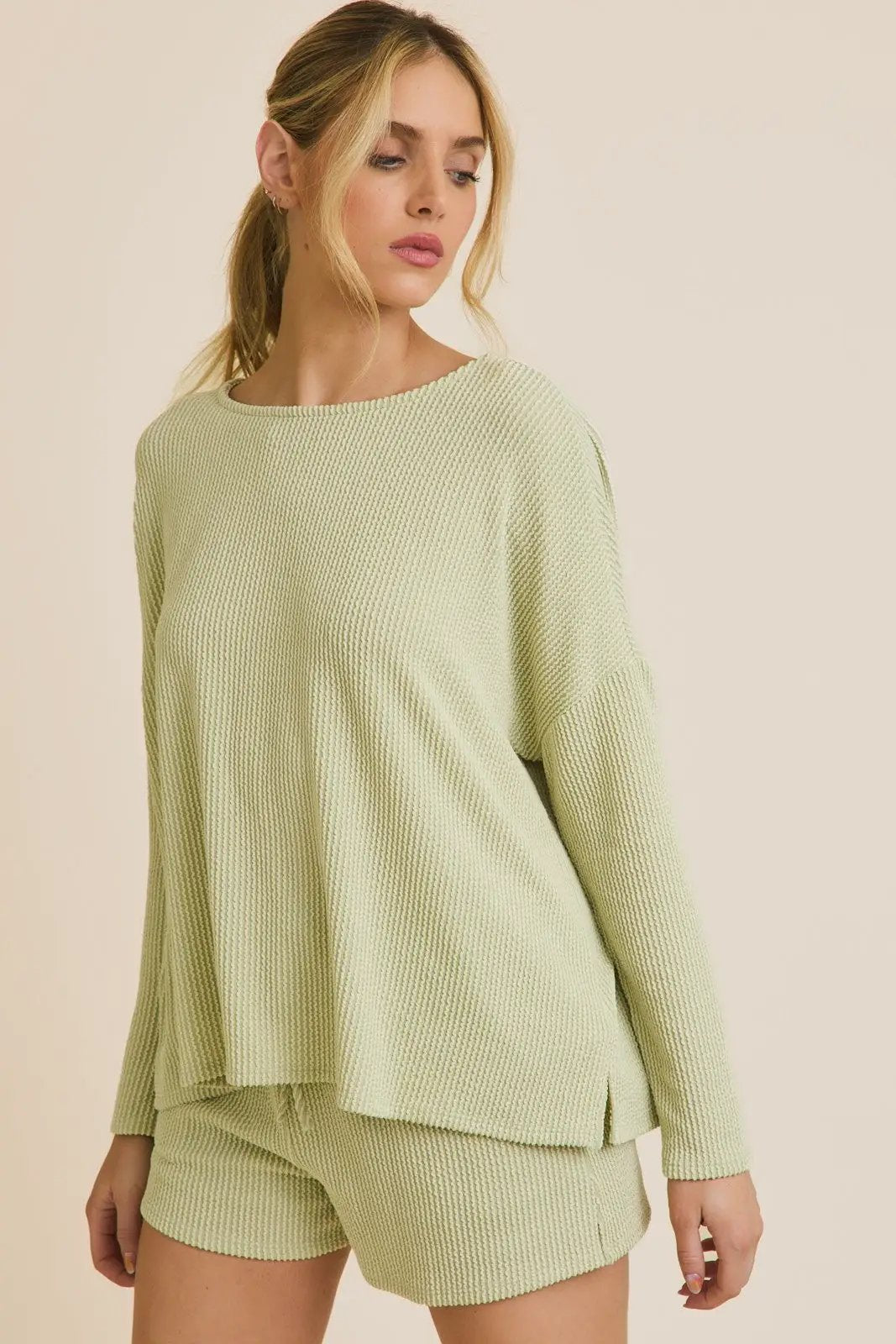 Gilli Long Sleeve Crew Neck Knit Top Green – Relaxed Soft Waffle Lounge Top - Tops