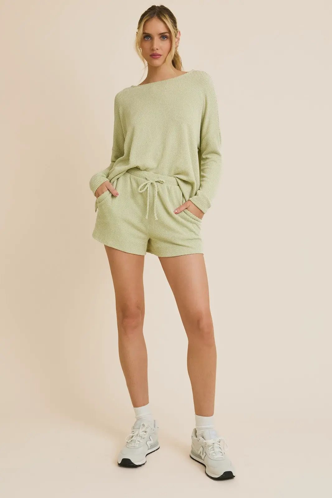 Gilli Long Sleeve Crew Neck Knit Top Green – Relaxed Soft Waffle Lounge Top - Tops