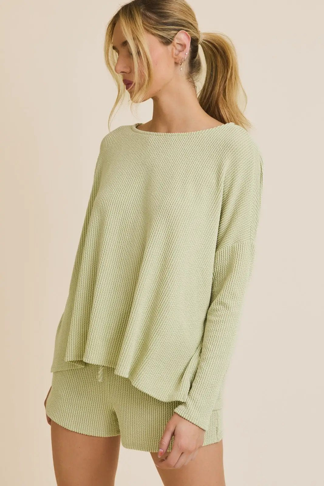 Gilli Long Sleeve Crew Neck Knit Top Green – Relaxed Soft Waffle Lounge Top - Tops