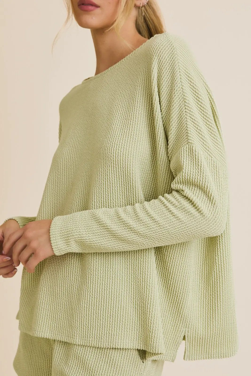 Gilli Long Sleeve Crew Neck Knit Top Green – Relaxed Soft Waffle Lounge Top - Tops