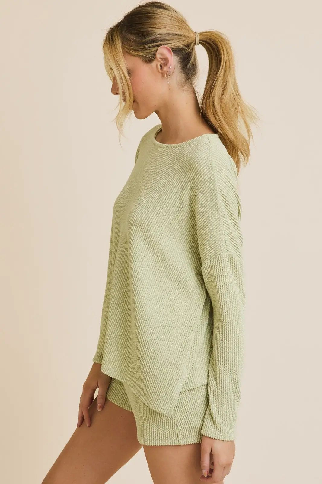 Gilli Long Sleeve Crew Neck Knit Top Green – Relaxed Soft Waffle Lounge Top - Tops