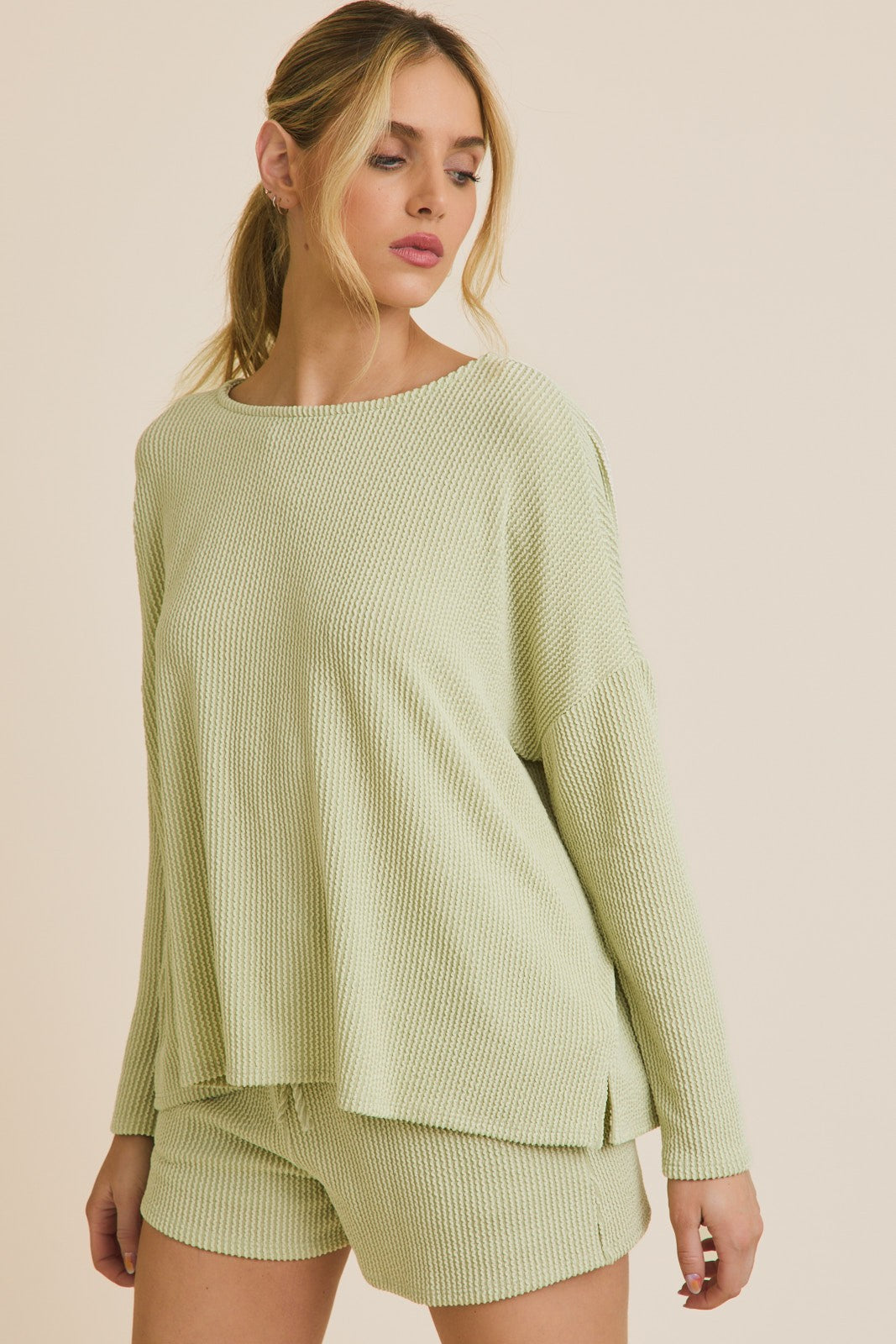Suéter de Punto con Cuello Redondo y Manga Larga Verde – Blusa Holgada y Suave de Estilo Waffle