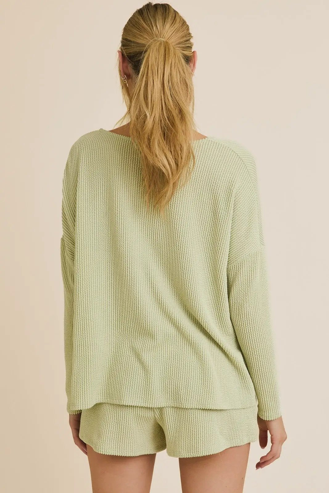 Gilli Long Sleeve Crew Neck Knit Top Green – Relaxed Soft Waffle Lounge Top - Tops