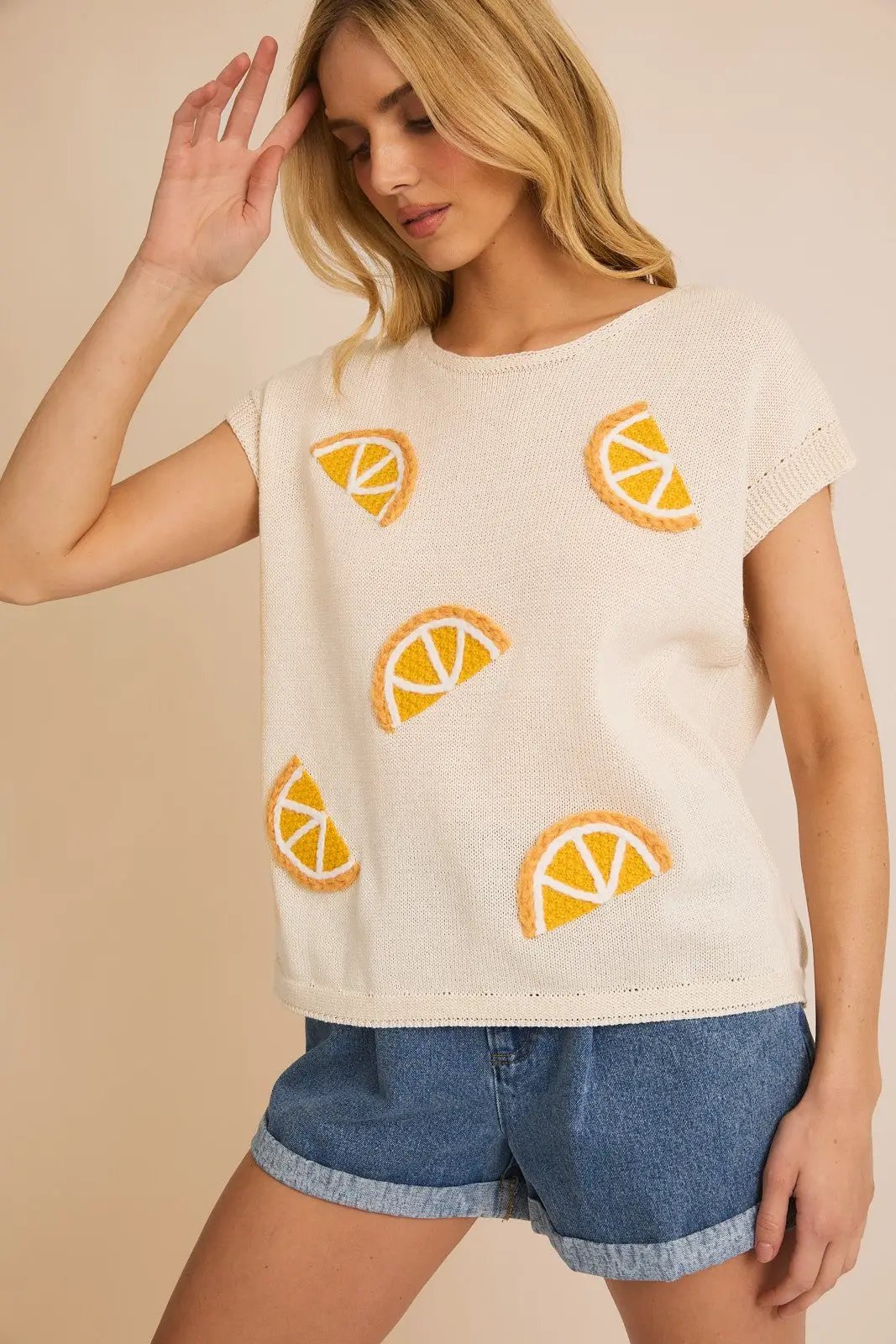 Gilli Round Neck Sleeveless Orange Patch Knit Top – Fruit Graphic Sweater Vest Top - Sweaters
