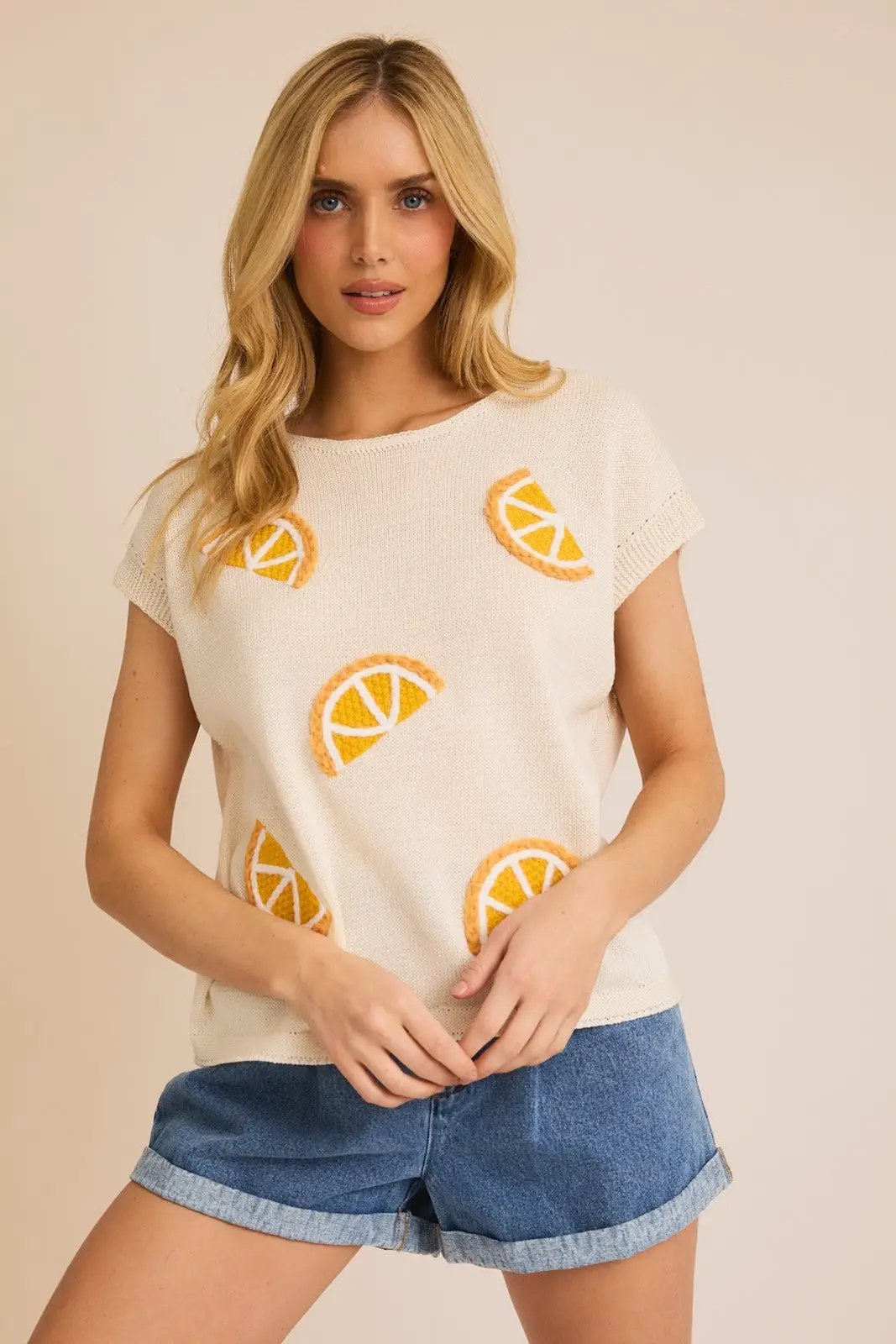 Gilli Round Neck Sleeveless Orange Patch Knit Top – Fruit Graphic Sweater Vest Top - Sweaters