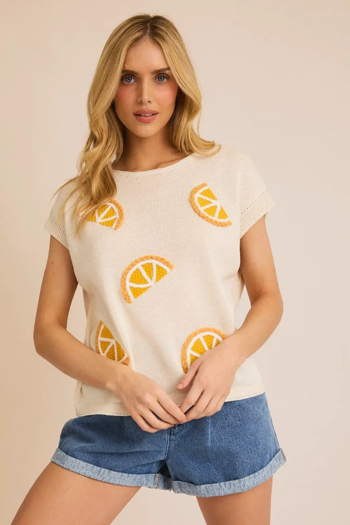 Gilli Round Neck Sleeveless Orange Patch Knit Top – Fruit Graphic Sweater Vest Top - Sweaters