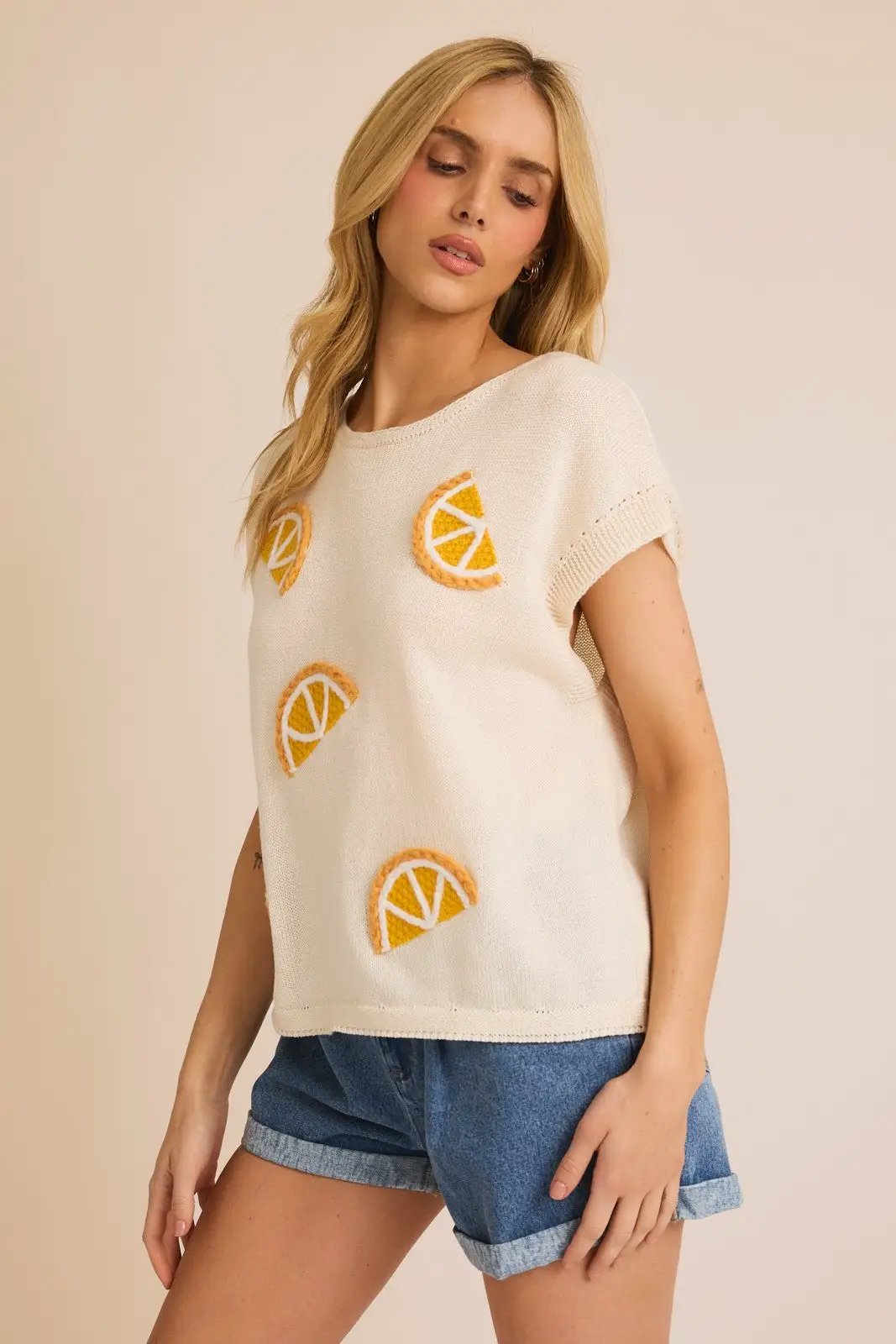 Gilli Round Neck Sleeveless Orange Patch Knit Top – Fruit Graphic Sweater Vest Top - Sweaters