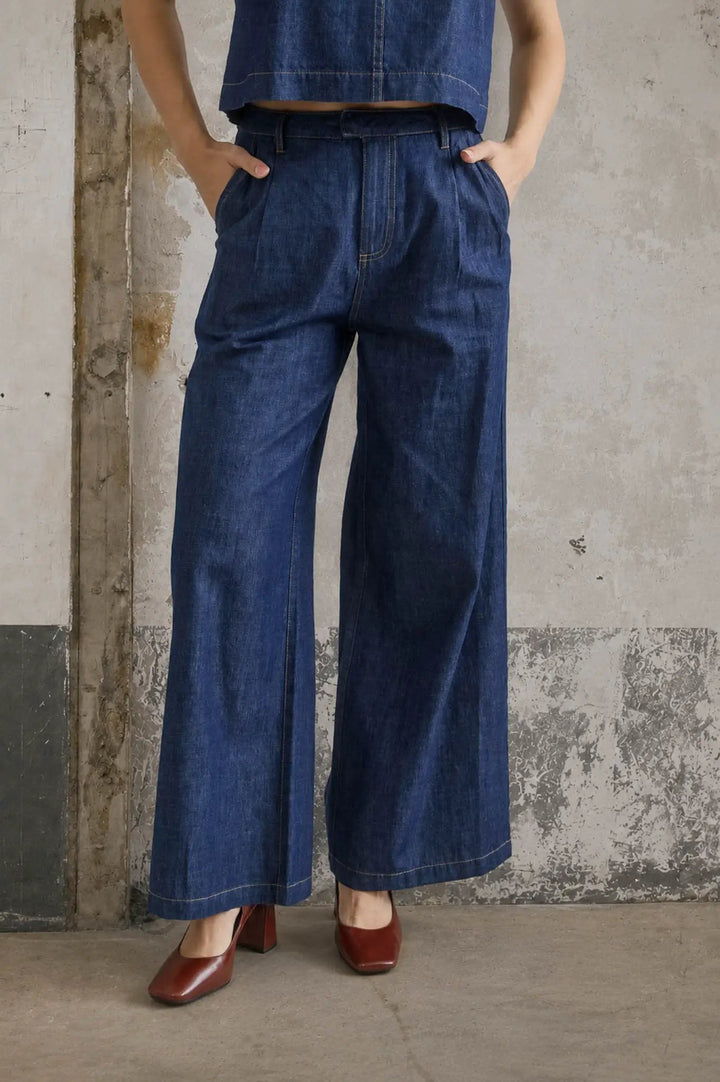 Blu Pepper High Waist Pleated Wide Leg Denim Pants – Full Length Cotton Jeans - Pants