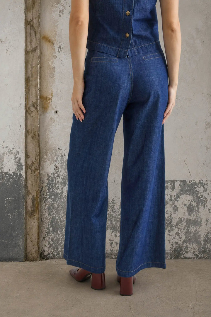 Blu Pepper High Waist Pleated Wide Leg Denim Pants – Full Length Cotton Jeans - Pants