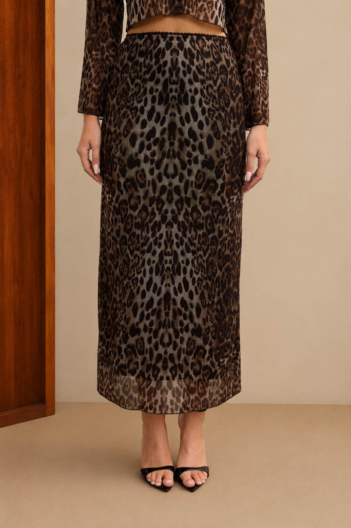 Falda Midi de Malla con Estampado de Leopardo