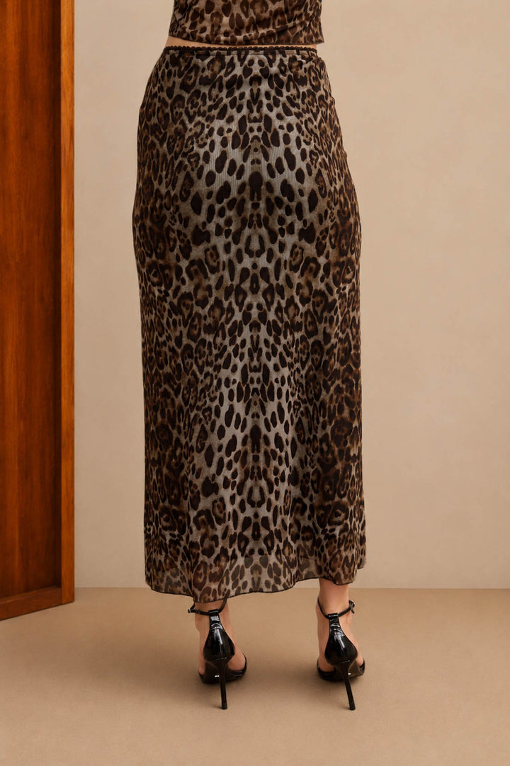 Falda Midi de Malla con Estampado de Leopardo