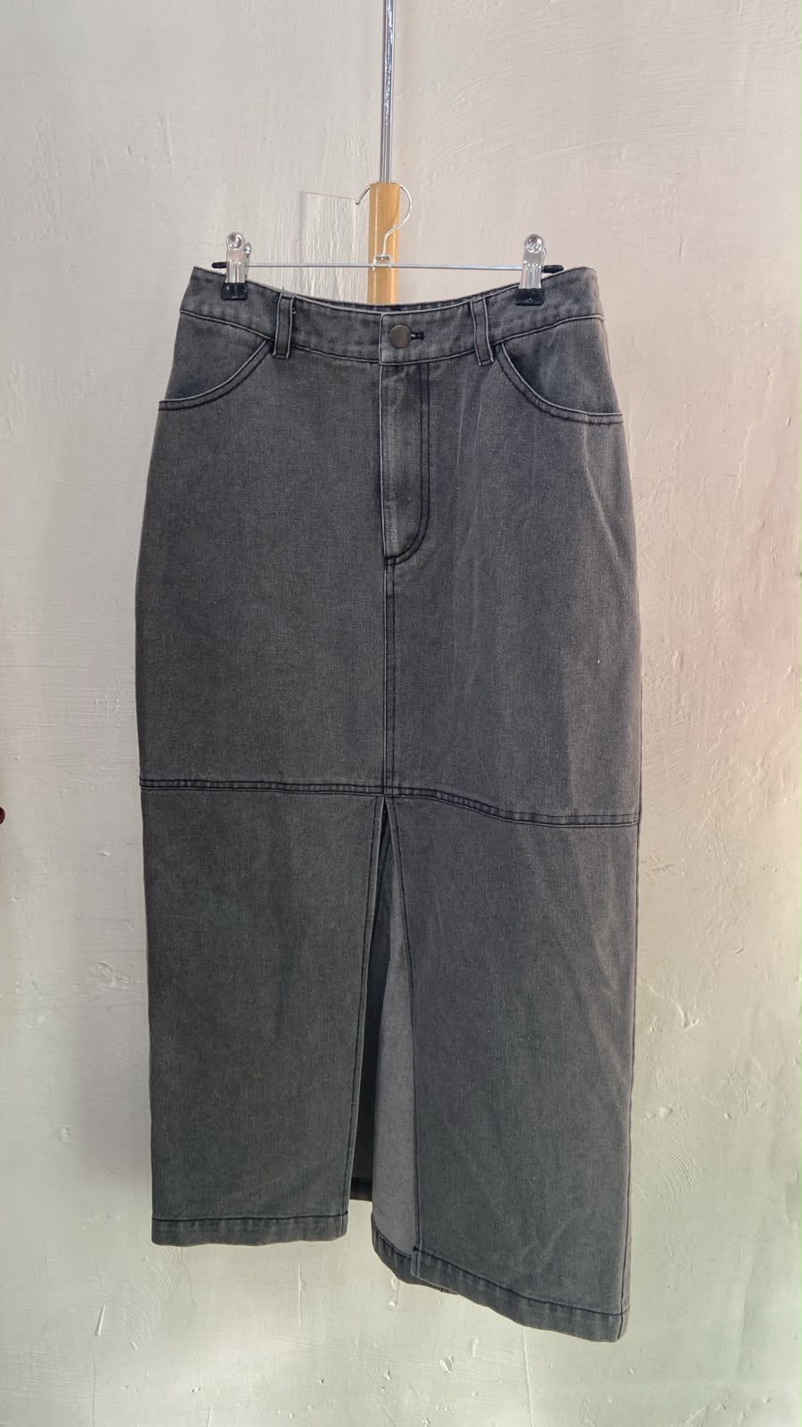 Black Denim Midi Skirt with Front Slit