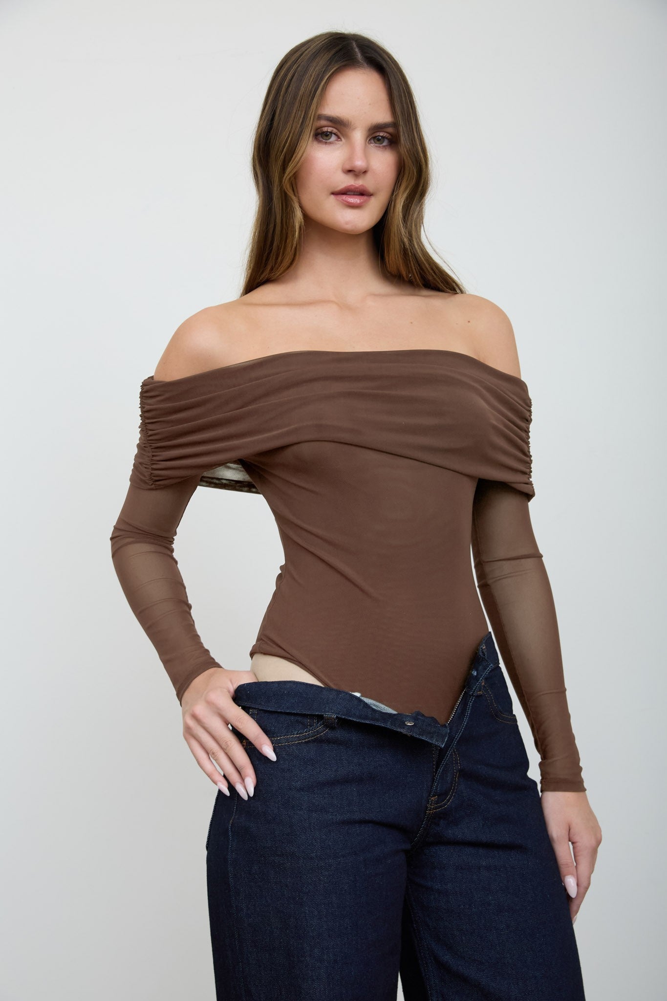 Body de Malla Transparente con Hombros Descubiertos - Estilo Boutique