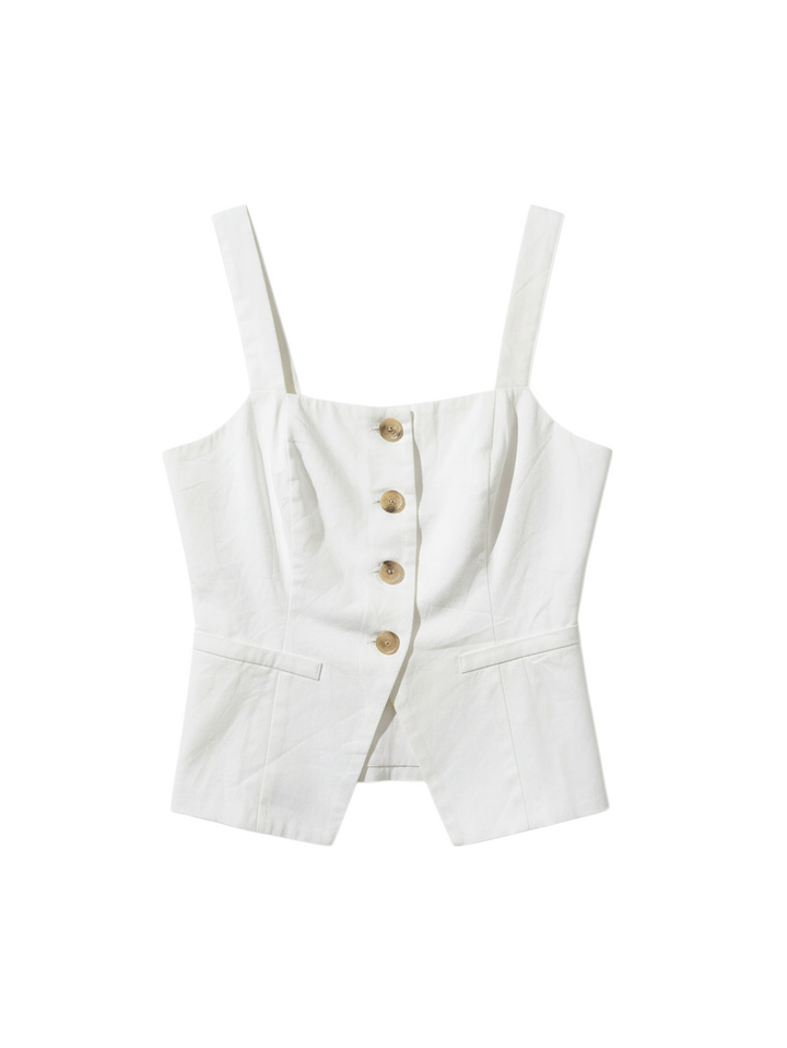 Blusa Blanca Sin Mangas con Botones Dorados - Estilo Boutique