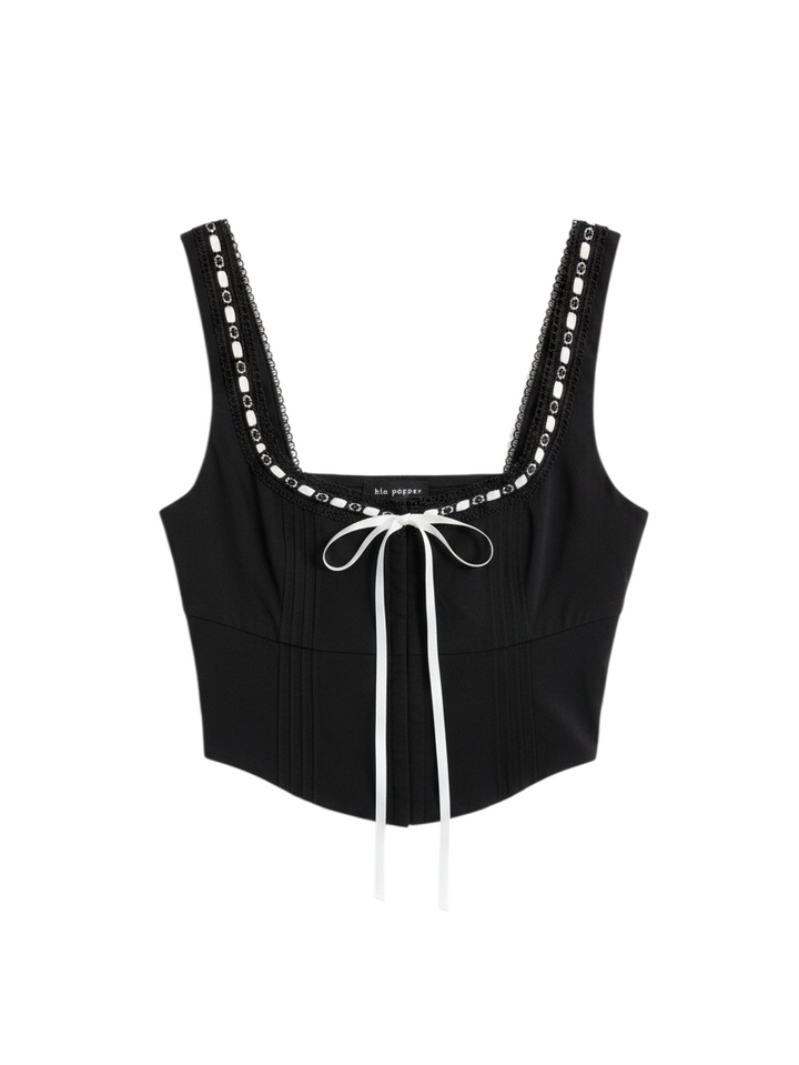 Top Negro Sin Mangas con Detalle de Encaje - Colección Boutique