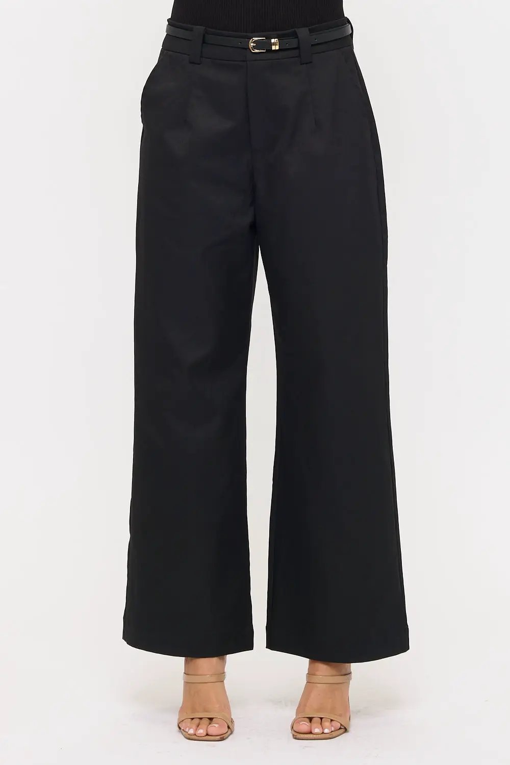 Pantalón Pierna Ancha de Sarga Elástica Negro con Cinturon by CHOCOLATE USA