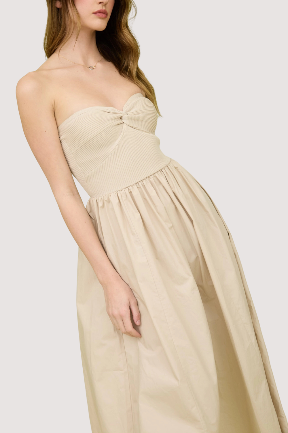 Beige Sleeveless A-Line Dress with Twist Detail