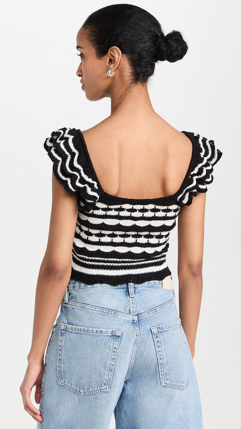 Navy & White Scalloped Crop Top with Patterned Knit