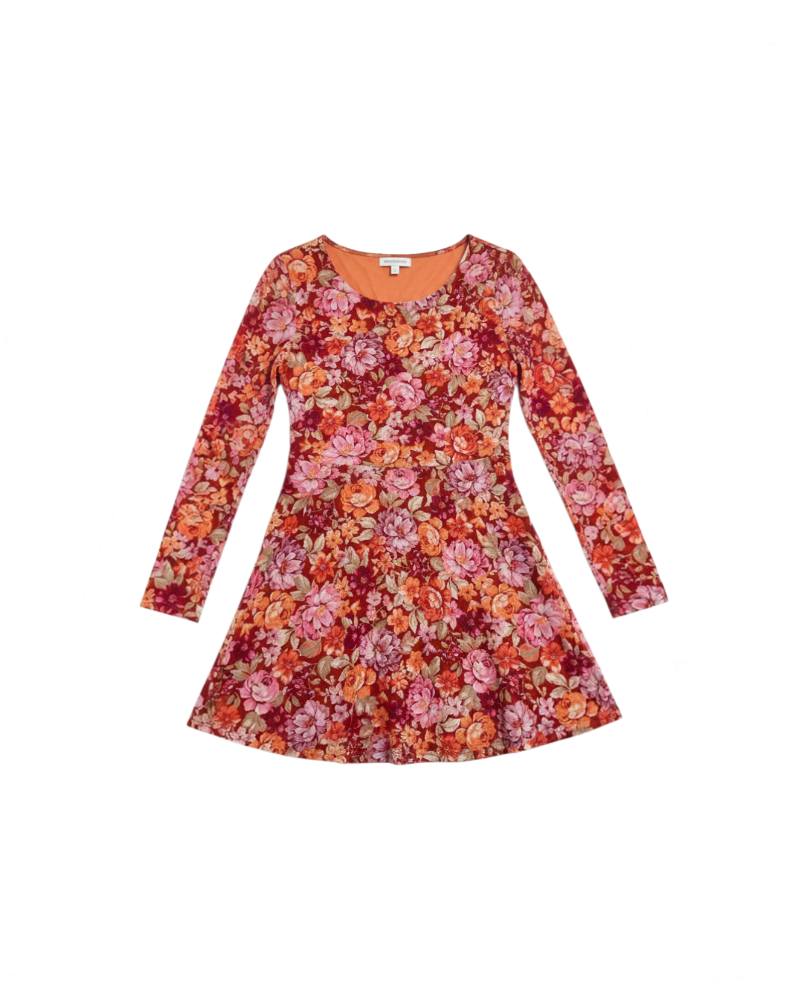 Vestido corto Yanet Collective de manga larga con estampado floral en tonos rojos y naranjas y cintura entallada