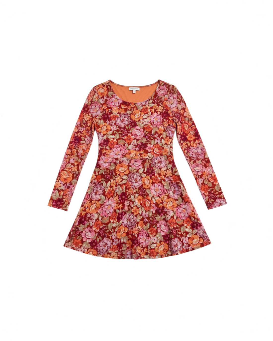 Vestido corto Yanet Collective de manga larga con estampado floral en tonos rojos y naranjas y cintura entallada