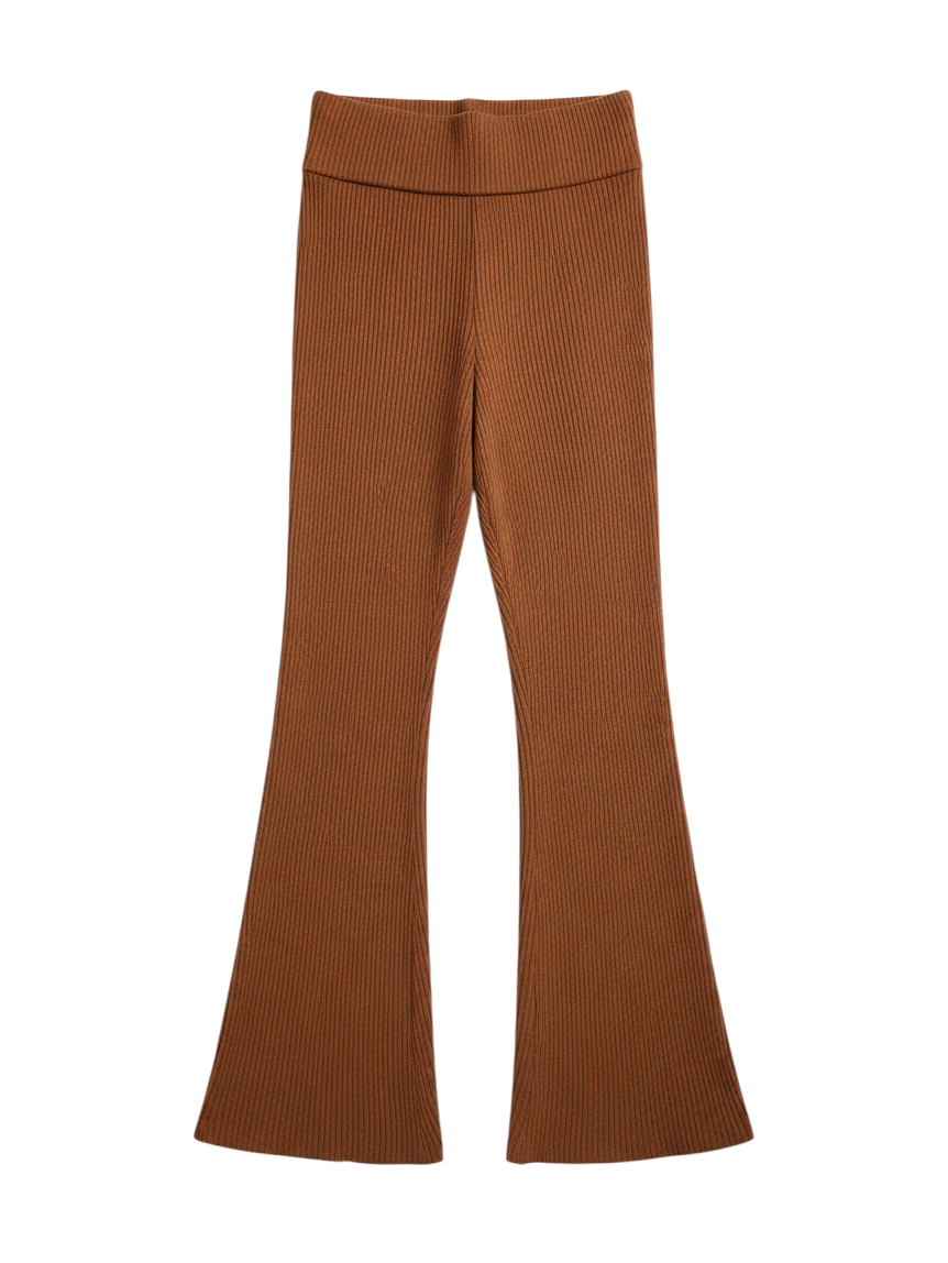 Rust Ribbed Flared Trousers with Split Hem