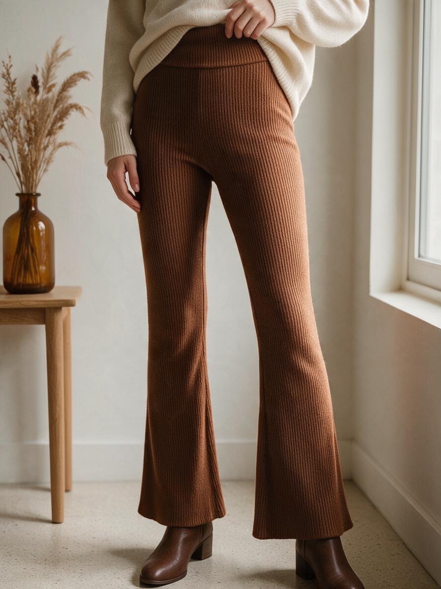 Rust Ribbed Flared Trousers with Split Hem