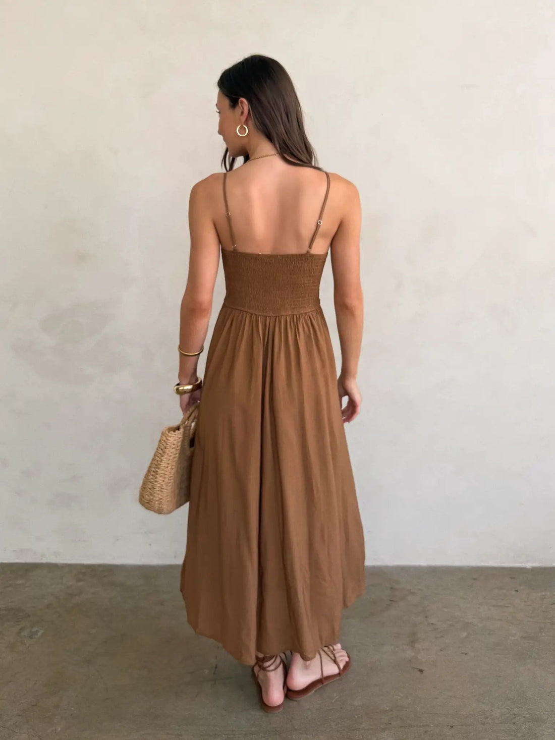 shopblupepper Brown Smocked Basque Waist Spaghetti Strap Midi Dress – A-Line Lined Summer Dress - Dress