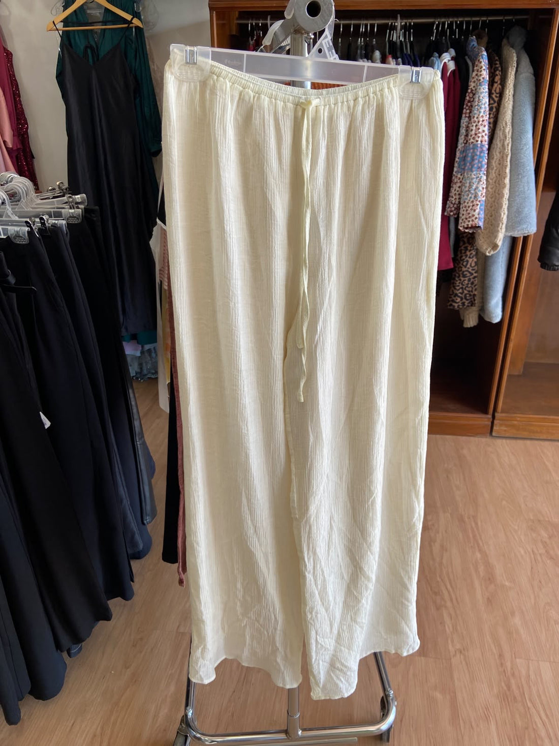 Cream Relaxed Wide-Leg Pants with Drawstring Detail