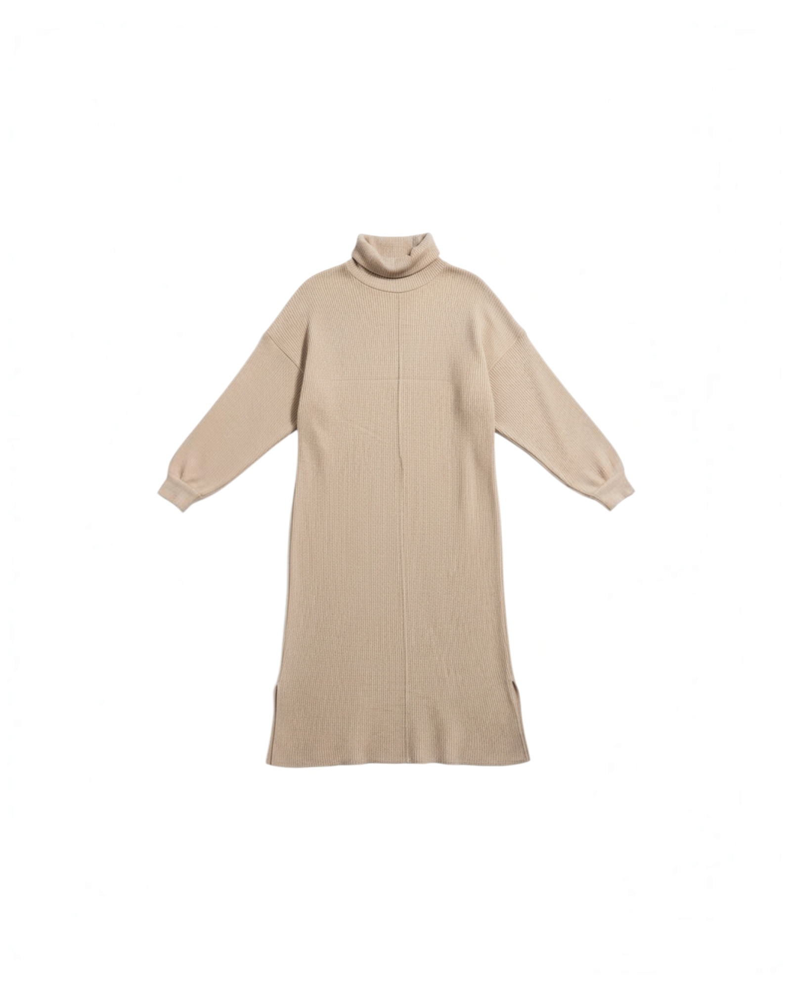 Vestido midi Yanet Collective beige de cuello alto, manga larga y textura acanalada con aberturas laterales.