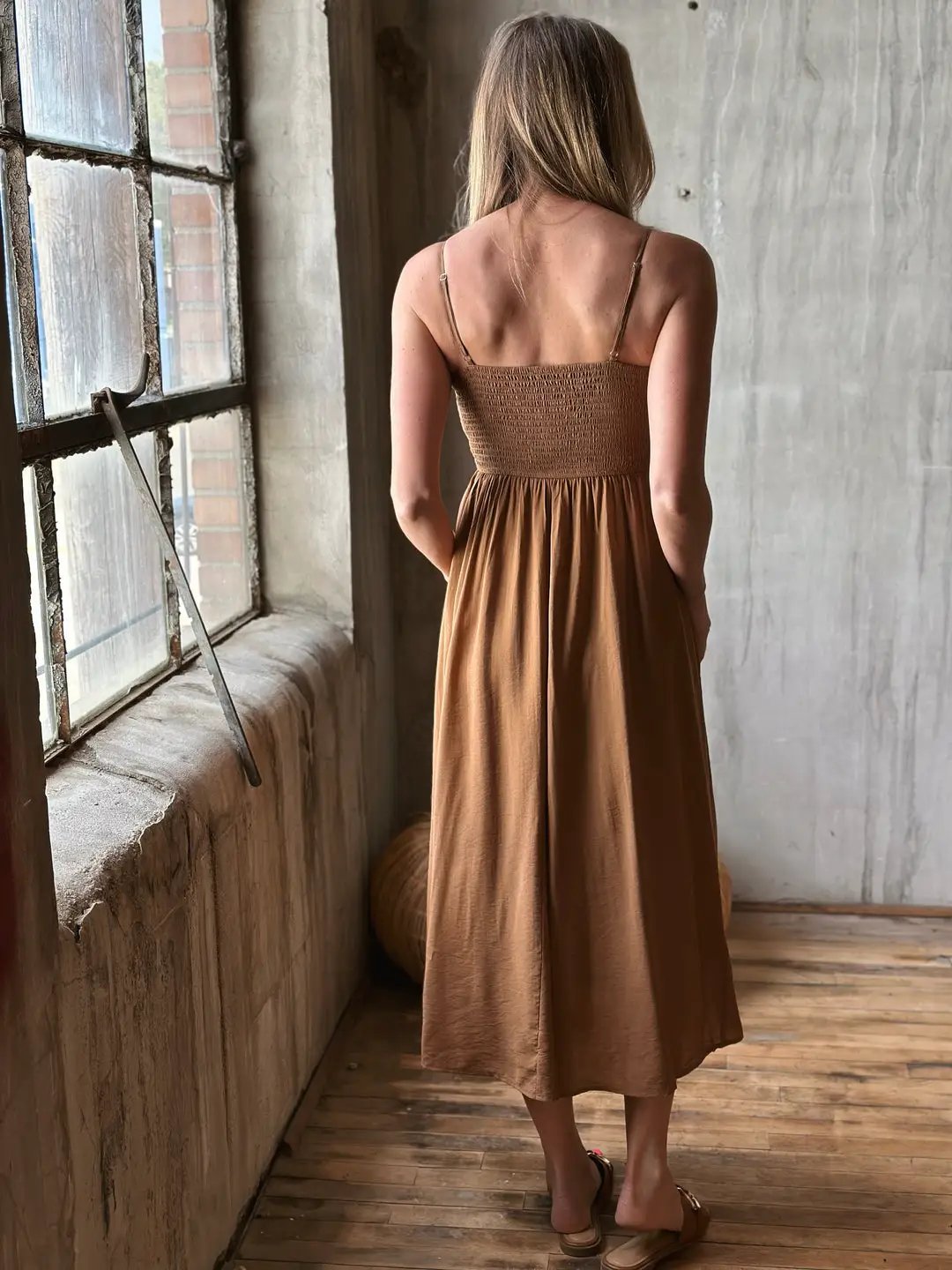 shopblupepper Brown Smocked Basque Waist Spaghetti Strap Midi Dress – A-Line Lined Summer Dress - Dress